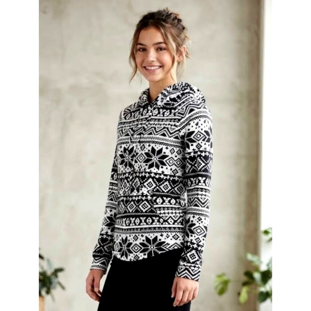 NO BOUNDARIES Black White Fair Isle Nordic Junior's Hoodie size Small